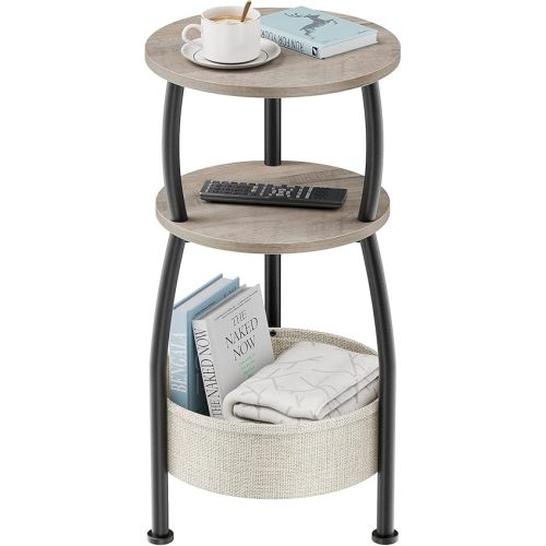 Round Side Table with Storage Basket –Small Space Saving End Table 3-Tier Coffee Table Bedside Corner Stand for Living Room, Bedroom, Garden and More 24in Tall Greige