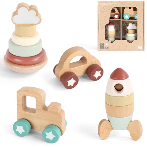 FReniland Wooden Montessori Toys, 4-Piece Wooden Baby Toy, Rainbow Stacking Ring,Car Push and Pull Toy, Rocket Stacking Ring Baby Toys