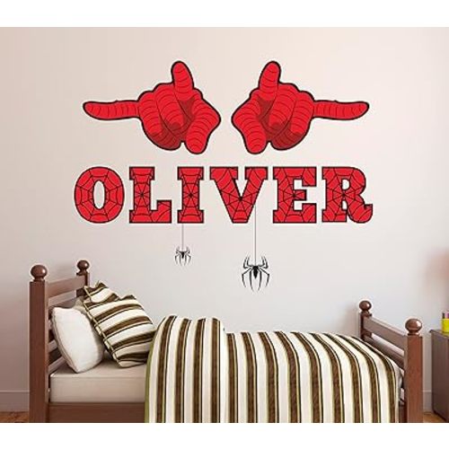 Calcomanía de pared con nombre de araña, decoración de superhéroes para bebé, calcomanías de superhéroes para cuarto de bebé, nombre personalizado, arte infantil para dormitorio, sala de juegos
