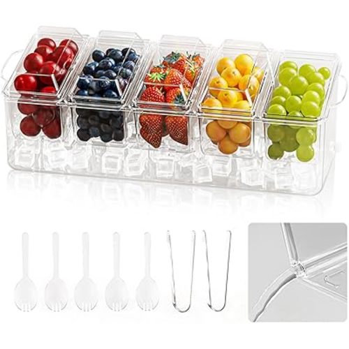 Ice Chilled Condiment Caddy, Condiment Tray Server with 5 Containers Lids, Fruit & Garnish Tray for Party Supplies & Bar Accessories, Set of 5 Serving Spoons & 2 Tongs Included
