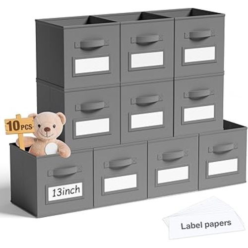 10 Pcs Fabric Storage Cubes with Labels 13 Inch Collapsible Cube Organizer Baskets with Window Cards for Shelf Nursery Clothes Book Toys Christmas Festival Storage Bin(Gray)
