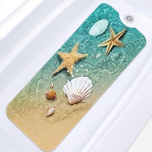 Starfish Seashell Summer Bath Mat Non Slip, Beach Ocean 40 X 16 Inch Extra Long Bathtub Shower Mat for Tub Anti Slip with Suction Cups and Drain Holes for Kids Adults Elderly