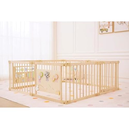 Avenlur Wooden Baby Playpen with Montessori Sensory Activity Panels – 63" x 63" Foldable Indoor Play Yard for Babies & Toddlers, Natural Wood