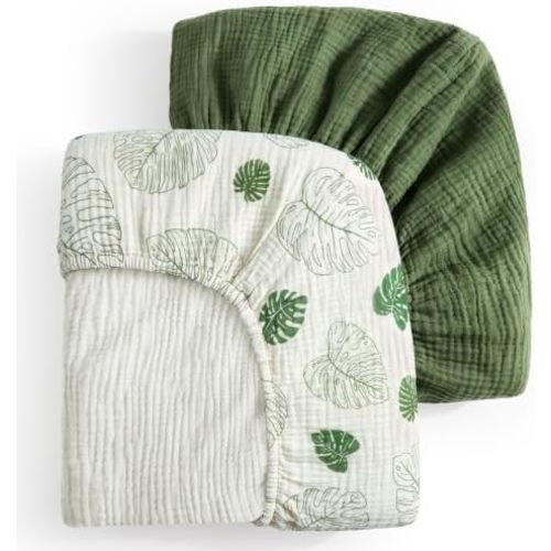Blissful Diary Muslin Crib Sheets, 2 Pack, Monstera & Dark Green