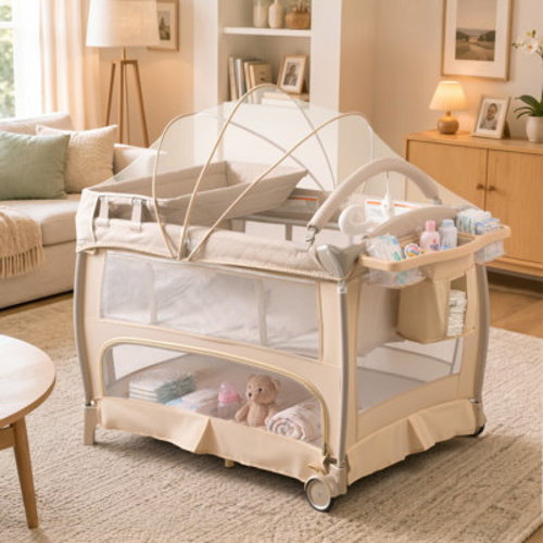 Rebrilliant Baby Playard with Bassinet, 5-in-1Bedside Sleeper, Changing Table, Canopy & Side Zipper, Portable Baby Playard | Wayfair