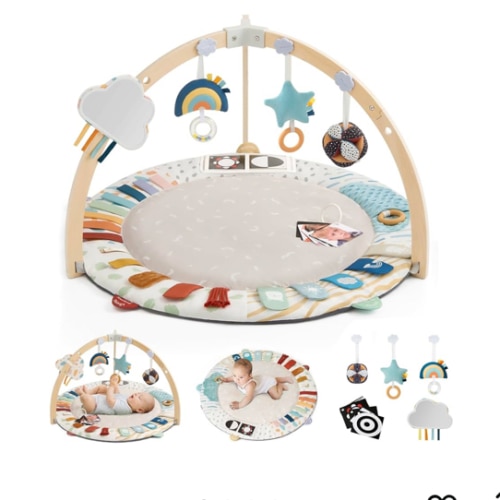 Blissful Diary Baby Play Gym & Activity Mat, 5 Developmental Zones Wooden Tummy Time Mat with 5 Detachable Sensory Toys for Motor Skills & Sensory Development, Baby Essentials Shower Gift