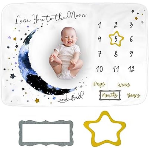 Baby Monthly Milestone Blanket for Boys and Girls. Premium Soft Fleece Blanket with Photo Props, First 12 Months Newborn Photoshoot Plush Blanket, Machine Washable, 39"x47"