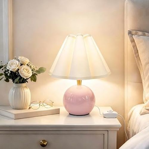 Bedside Table Lamp, Ceramic Stepless Dimmable Lamp with Scalloped Fabric Shade,Decorative Accent Light for Nightstand, Living Room, Console or Kids Dorm,Pink (E26 LED Bulb Included)