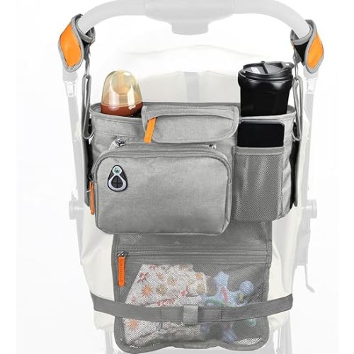 Universal Stroller Organizer with Insulated Cup Holder and Phone Holder, Large Pocket, Fits Most of Stroller Like Baby Jogger, Britax, BOB, Umbrella, Doona (Grey)