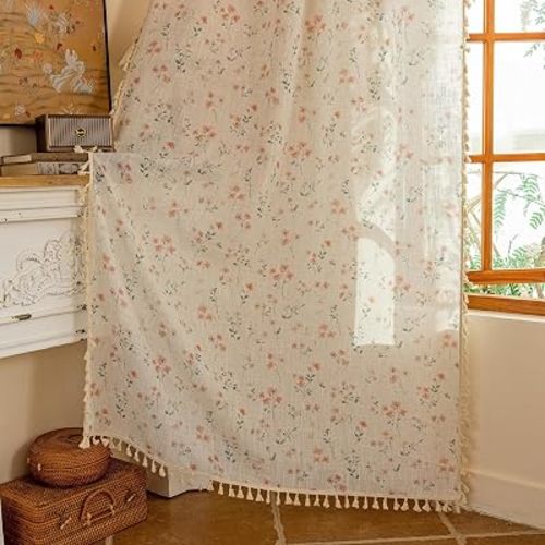 MYSKY HOME Pink Floral Linen Semi Sheer Farmhouse Curtains 96 Inches Long 2 Panels Set for Living Room Patterned Boho Flower Drapes Girls Bedroom with Tassels Back Tab Window Treatments, 50" Wide