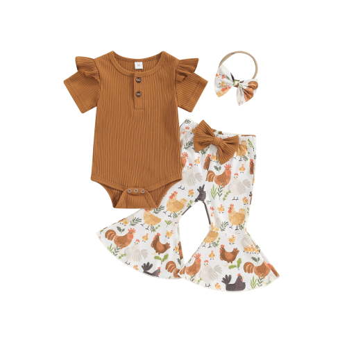Hirigin Newborn Baby Girl Farm Outfits 0 3 6 12 18 Months Chicken Print Short Sleeve Romper and Flare Pants Headband 3Pcs Summer Clothes