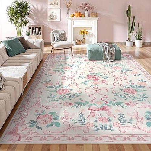 Collive Pink 8X10 Rugs for Living Room, 8x10 Bow and Floral Washable Area Rug Non Slip, Soft Boho Indoor Decor Elegant Carpet for Bedroom Kids Room Nursery Dining Room
