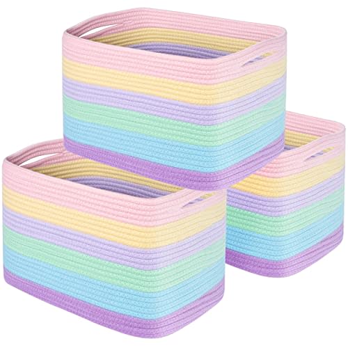 MINTWOOD Design 3-Pack Storage Baskets and Cube Bins for Shelves, Playroom and Classroom, Decorative Woven Closet Organizers for Books, Shoes, and Pantry Items, Pastel Rainbow