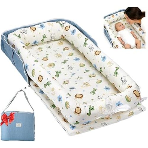 Baby Lounger for Newborn Portable Bag,Baby Nest Play Gym mat with Strap,Newborn Lounger Adjustable Size & Inner Zipper Lengthen Space to 24 Months,Animal World Blue