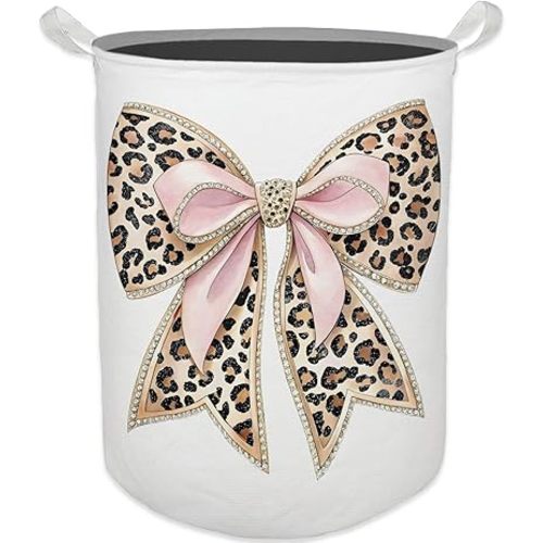 Coquette Bow Leopard Print Laundry Basket, Toybox for Girls, Trendy Pink Bow Laundry Basket Hamper Waterproof Collapsible Clothes Toys Storage Bin Organizer for Bedroom Bathroom Girls Room Dorm