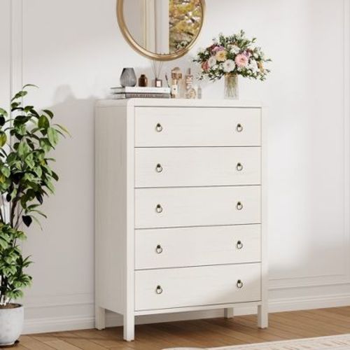 Garvee 5 Drawer Dresser for Bedroom, 47.2" Tall Vertical Chest of Drawers with Rounded Corners, Narrow Space Saving Storage Organizer, Antique White