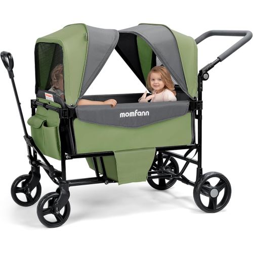 Stroller Wagon for 2 Kids with Canopy, Foldable All-Terrain Wagon Stroller with Adjustable Push/Pull Handle, Parent Organizer, 5-Point Harness, Ideal for Travel & Outdoor Adventures, Meadow Green