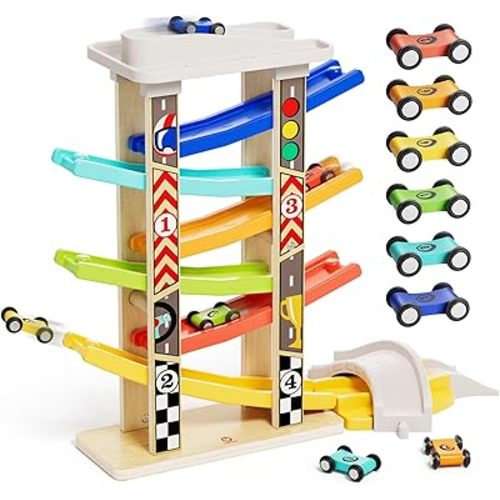 TOP BRIGHT Wooden Car Ramp with 6 Cars, Montessori Toy for Ages 1-3