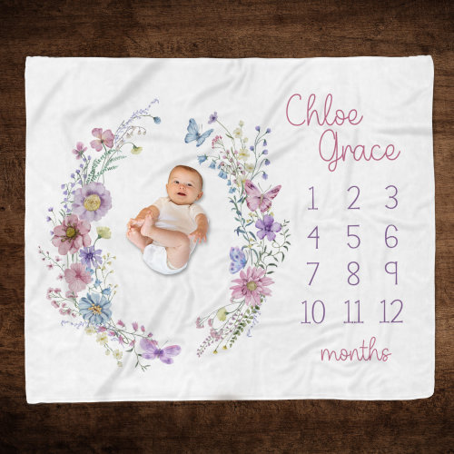 PERSONALIZED WILDFLOWER BABY Girl Milestone Blanket, Wildflower Wreath Blanket, Newborn Girl Gift, Custom Flower Baby Growth Month Blanket