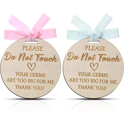 2 Pieces Do Not Touch Baby Signs for Car Seat Wooden Please Don't Touch Baby Sign Stroller Tag with Ribbons for Babies Car Seat Carrier Gifts, 4 Inch