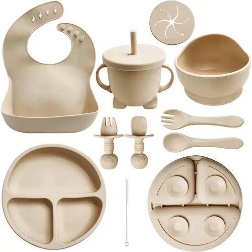 HippoBaby Baby Led Weaning Supplies | 10 Piece Silicone Baby Feeding Set | Baby Toddler Bib Cup Divided Plate and Bowl Self Feeding Spoons Dish Set | Baby Utensils | Toddler Feeding Supplies (Cream)