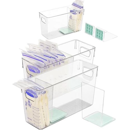 Breastmilk Storage Container with L Shaped Separator Boards, Dividers Will Flatten Standing Breast Milk Bags in Organizer Bins Save Refrigerator Space | 2 Containers-Green