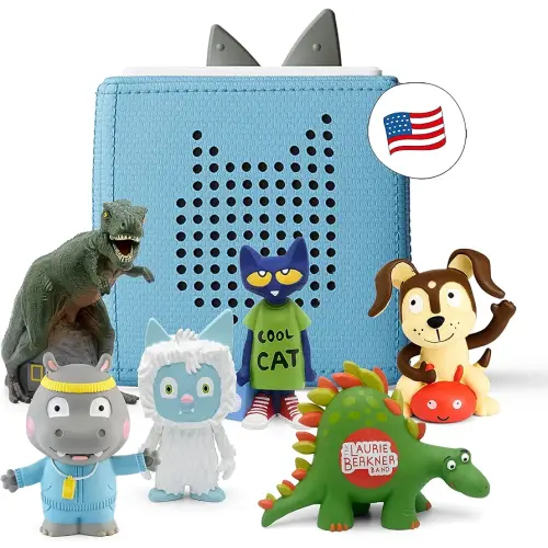 Tonies for Teachers Audio Player Starter Kit with Pete The Cat, Healthy Habits, Laurie Berkner, National Geographic Dinosaur, and Yeti - Light Blue