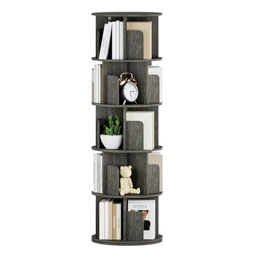 OTK Rotating Bookshelf, 360° Display Standing Book Shelf Organizer, 5 Tier Wooden Corner Bookshelves for Small Space, Small Bookcase Storage Rack for Kids' Room, StudyRoom, Bedroom, Black Oak