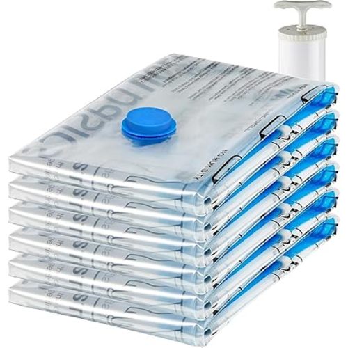 Amazon Basics Vacuum Compression Space Saving Storage Bags with Hand Pump for Clothes Packing, Jumbo, Clear, Pack of 6