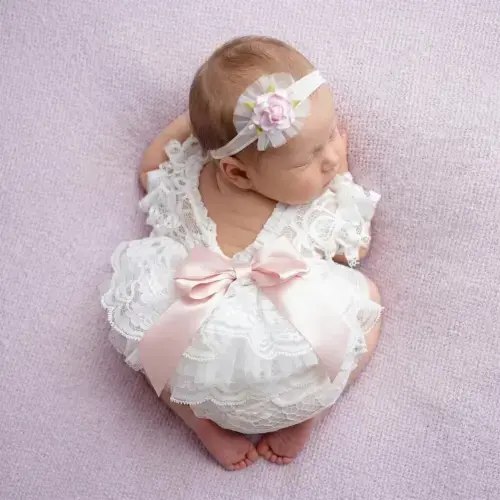 Newborn Lace Photography Romper Outfits for Girls With Bow and Floral Headband Set - Etsy