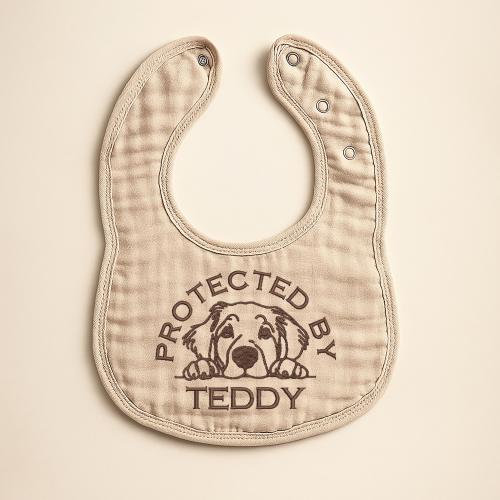 Protected By Your Dogs Name Bib, Embroidered New Baby Gift, Monogram Dog Mom Keepsake, Babys Best Furry Friend, Golden Retriever Mom Gift