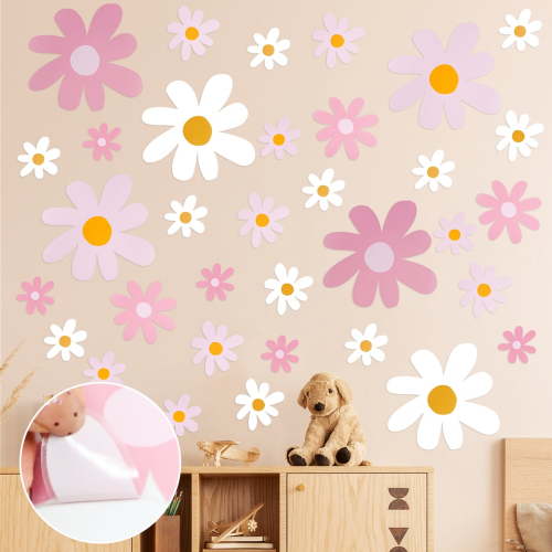 Daisy Wall Decal Flower Wall Sticker Cute Daisy Sticker Pink White Flower Decal Peel and Stick Floral Wallpaper for Nursery Bedroom Home Decor 12 Sheets Pink