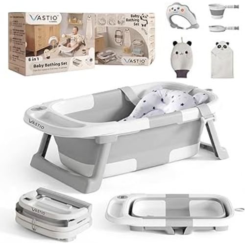 VASTIO™ 6-in-1 Collapsible Baby Bathtub Set – Foldable Baby Bath Tub for Newborn to Toddler, Portable Baby Bath Set with Cushion, Cap, Sponge, Rinse Cup & Towel – All-in-One Baby Bathing Essentials