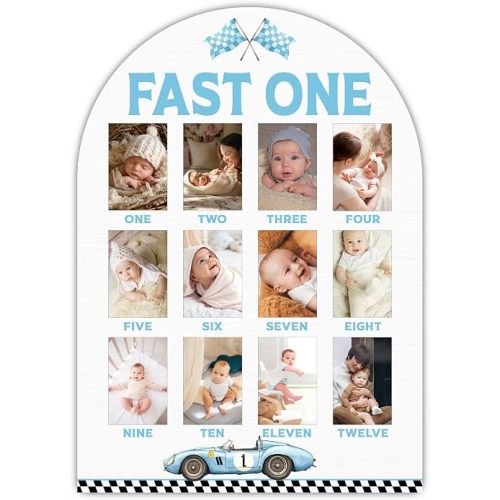 Fast One My First Year Photo Board, Blue Racing Car Baby Milestone Signs for Boys Girls Nursery Decor, 12 Month Wooden Picture Board Frame for 2x3 Photos, Best Baby Keepsake Gifts-B11