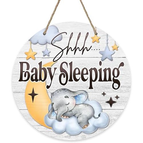 Shhh Baby Sleeping Front Door Sign, Elephant Moon Cloud Stars Wood Door Hanger Nursery Kids Bedroom Decor, Infant Toddler Baby Boy Girl Room Rustic Wooden Wreath Indoor Wall Hanging Decoration