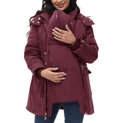 QotLoyi Maternity Winter Coat 3 in 1 Quilted Lined Jackets Thicken Warm Waterproof Down Jacket Parka Outwear with Hood