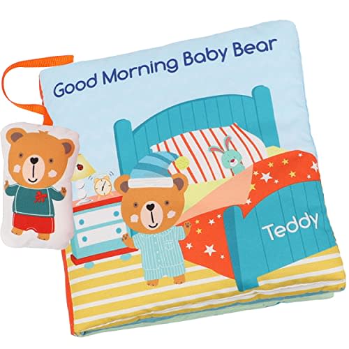 Teddy Bear Baby Book Toy Cloth Crinkle Books for Babies Infant Toddler, Chewing Toys 0-6-12 Months Activity Soft Mirror Toy Books for Baby Boy Girl Christmas Gifts Baby Shower 1-2-3 Years Old-Morning