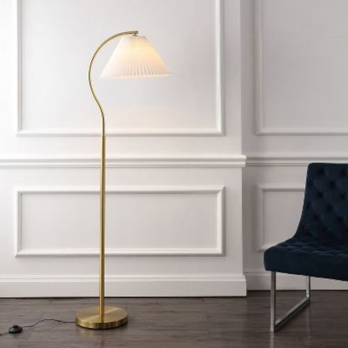 JONATHAN Y Devon 60.5" Modern Glam Metal Arc LED Floor Lamp with Pleated Shade, Brass Gold/White