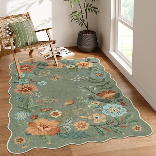 Moynesa 4'x6' Floral Living Room Rugs, Area Rugs 4x6ft Rug for Bedroom Ultra-Thin Soft Rug, Non-Slip Washable Rugs Stain Resistant Boho Rug Low-Pile Throw Rug for ‎Dining Room Office,Green
