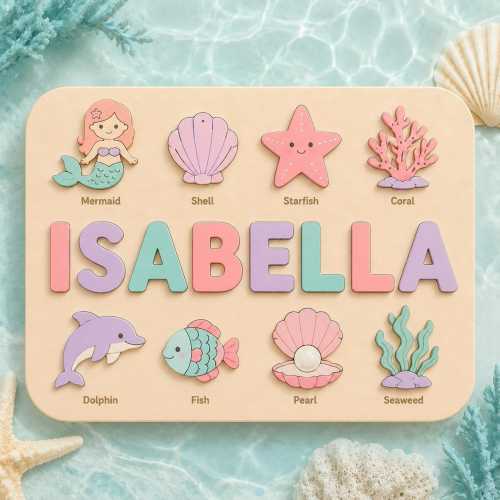 Personalized Wooden Name Puzzle Mermaid Theme, Ocean Baby Girl Gift, Montessori Sea Animals Nursery Decor, Custom Name Board