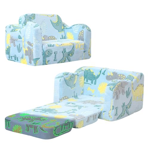 MeMoreCool Glow in the Dark Dinosaur Toddler & Kids Couch, Fold Out Sofa | Toddler and Kids Fold Out Couch, Machine-Washable Cover, No Assembly Required, Comfy Foam, Glows After Charging