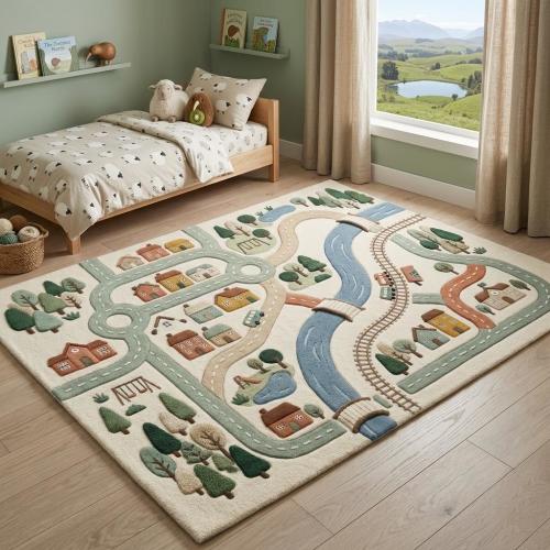 Kids Road Map Rug, Hand Tufted Wool Play Rug, Train Track Nursery Carpet, Town Adventure Playroom Rug, Custom Kids Area Rug
