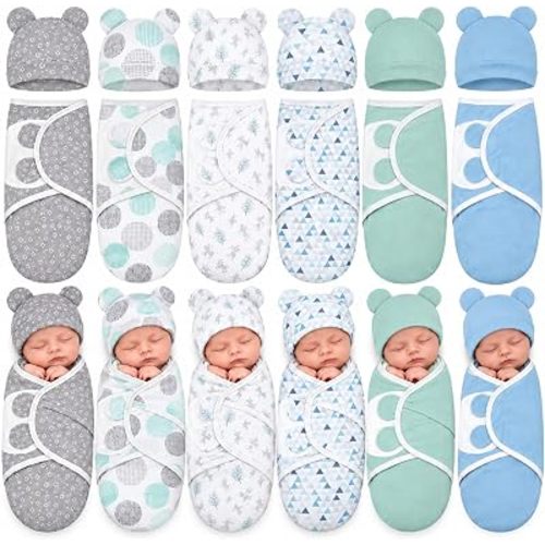 Ramede 6 Pack Baby Swaddle Blankets with Hats,Groovy,Grey