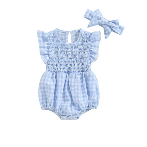 Hirigin Newborn Baby Girl Bubble Romper Summer Clothes 0 3 6 12 18 Months Ruffle Sleeve Crewneck Plaid Playsuit with Headband