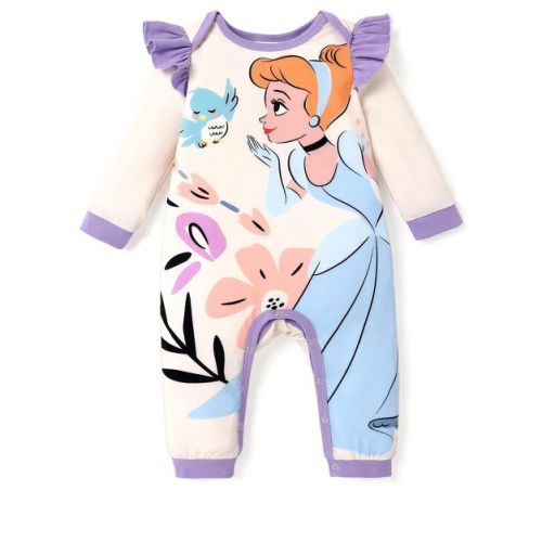 Disney Princess Ariel Cinderella Baby Girl Ruffled Sleeves Character Print Jumpsuit/Romper