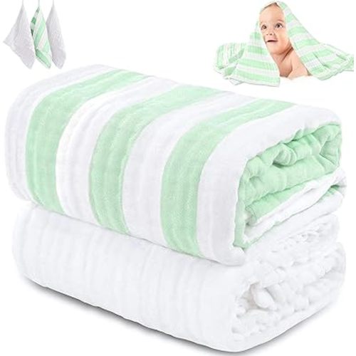 5-Piece Muslin Baby Bath Towel Set - 100% Organic Cotton, (2) Large 6-Layer 41x41 Towels & (3) Washcloths, Multi-Use Blanket & Bath (Green Striped)