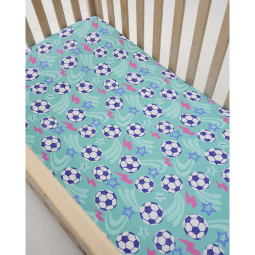 Aqua Soccer Stars Fitted Crib Sheet | Little Sleepies