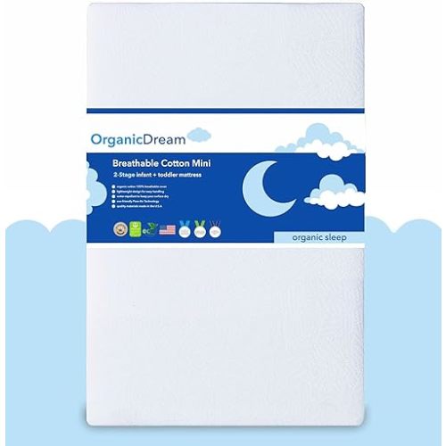ORGANICDREAM 5" Mini Crib Mattress - 100% Breathable Proven to Reduce Suffocation Risk - GREENGUARD I 2-Stage I Washable I Extra Firm Infant Side and Plush Toddler (38x24x5) - Deluxe 5" Thick