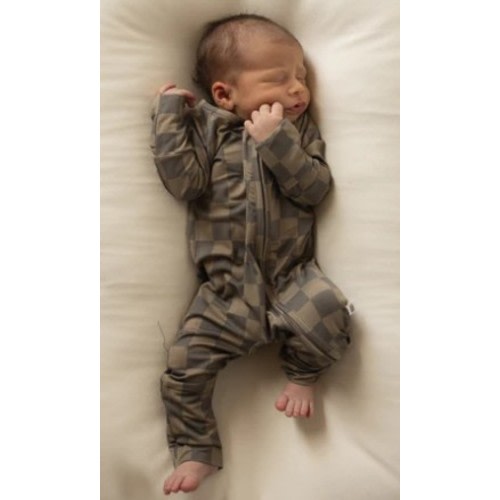 Bamboo Zip Pajamas | Faded Brown Checkerboard