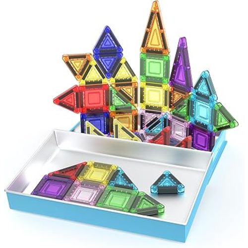 PicassoTiles 40pc Nano Mini Magnetic Tile Construction Building Blocks Travel Toy Set with Storage Case STEM Educational Fun Learning Magnet Tiles Stacking Toys for Toddlers Girls Boys Ages 3+ PN01
